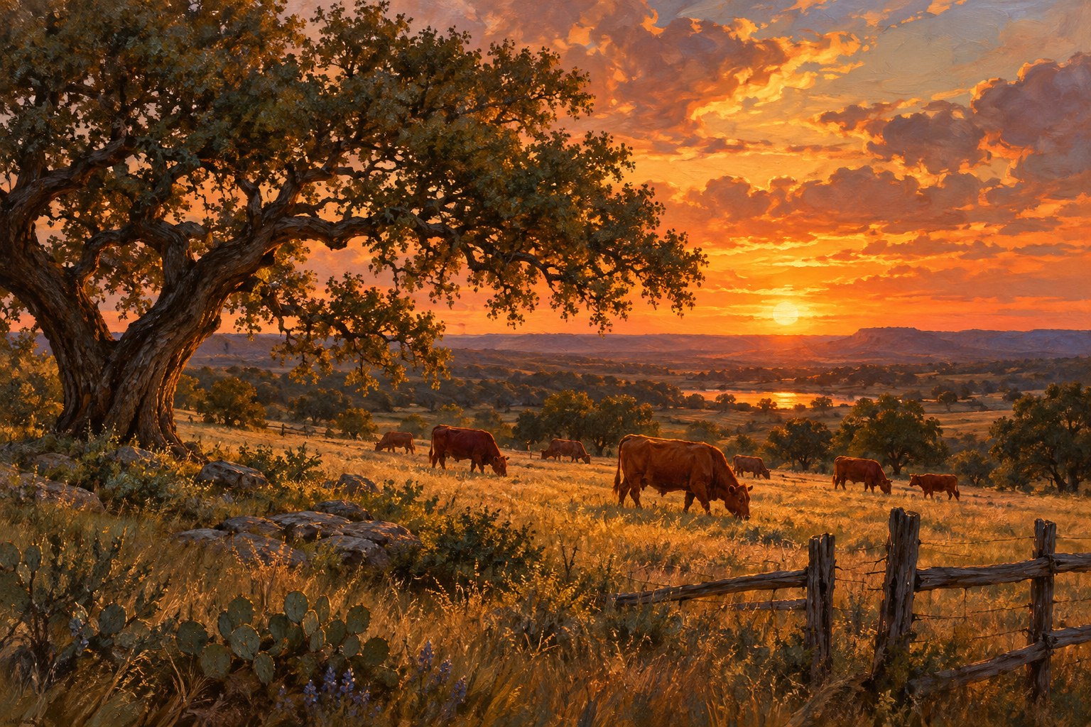 Illustration of cattle grazing in a Texas pasture at sunset